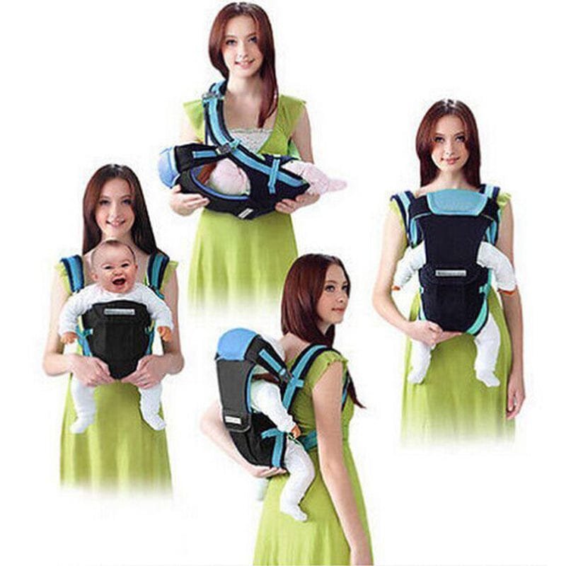 Baby carrier shown in four carrying positions for newborn support, front facing outings and back carrying.