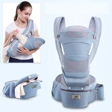 Baby carrier in three carrying positions for newborn support, front facing outings and hip carrying.