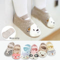 Cartoon animal baby floor socks with non-slip grip soles for safe indoor crawling and first steps.