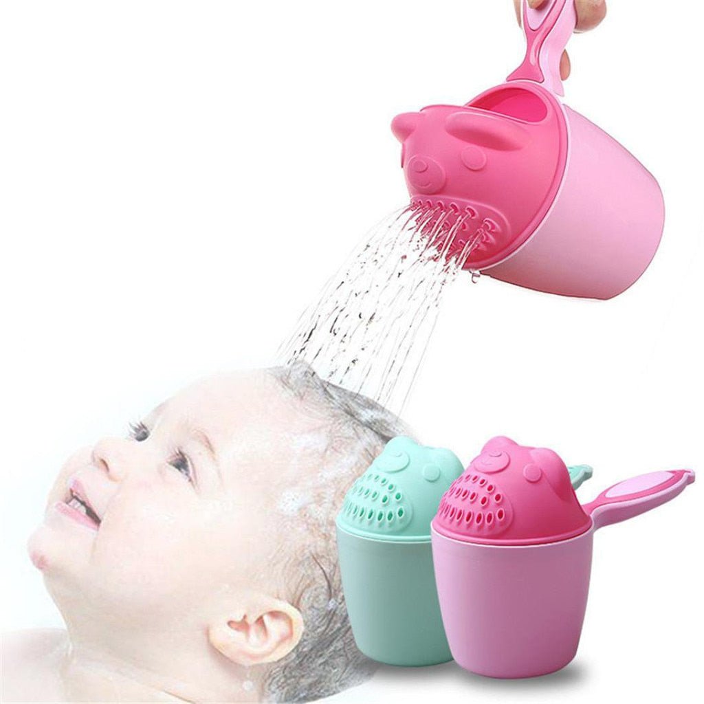 Cartoon bear baby bathing cup used to rinse a childs hair gently during bath time.