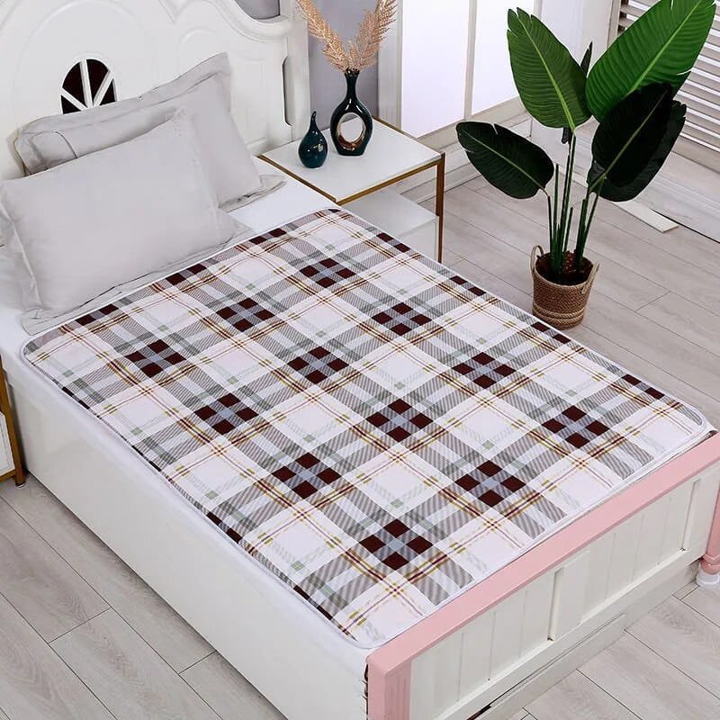 Plaid bedspread on a bed in a room with a plant and decor items.