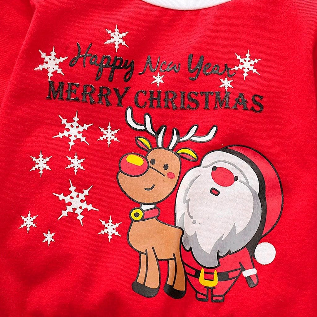 Baby Christmas Santa and reindeer print pyjama top for festive bedtime and holiday family photos.