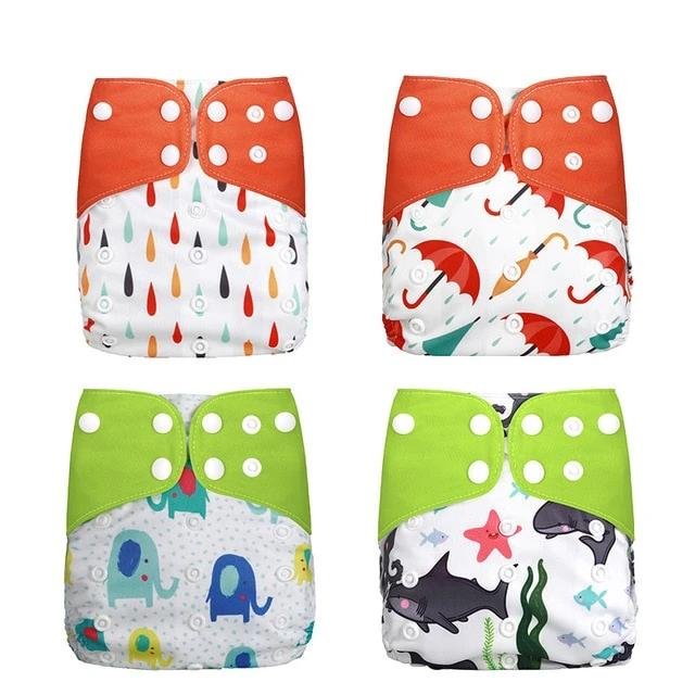 Four colorful baby diapers with different patterns (option 2)