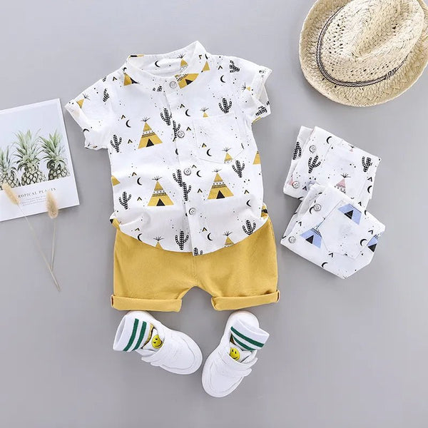 Children's clothing set with a t-shirt, shorts, socks, and hats 