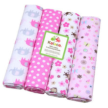 Baby cotton muslin wrapping blankets in bright prints, a 4pcs set for swaddling, shading, and keeping newborns cosy.