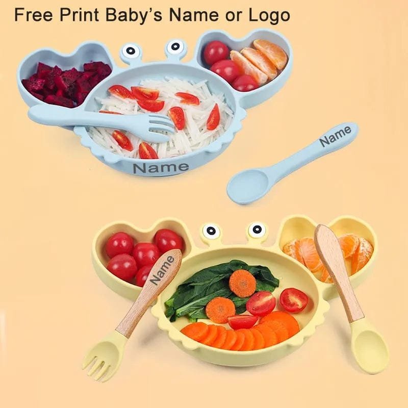 Baby crab plate with fork and spoon set and custom name, sized for little hands learning to self-feed.