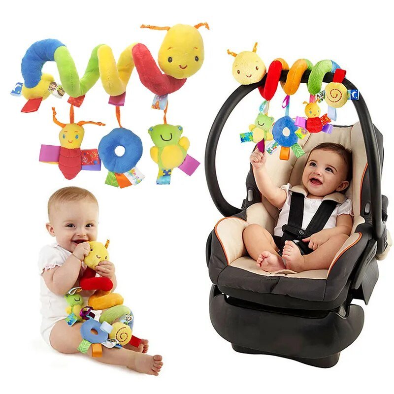 Baby in a car seat with colorful toy and baby playing with toy