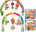 Colorful baby crib mobile with hanging toys and a baby using it.
