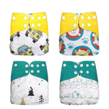 Four colorful baby diapers with cartoon designs