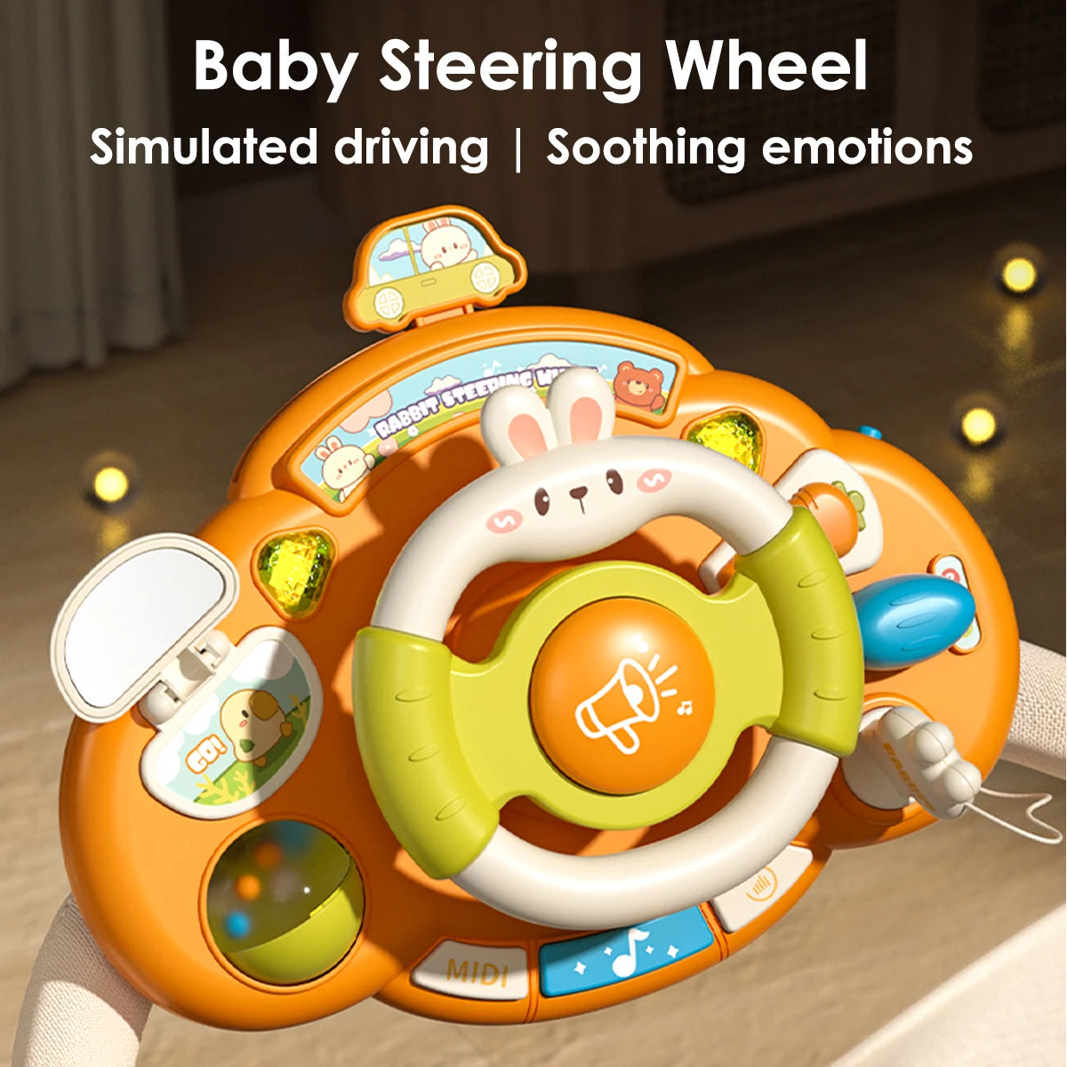Baby driver steering wheel toy with melodies and lights for engaging pretend driving fun.