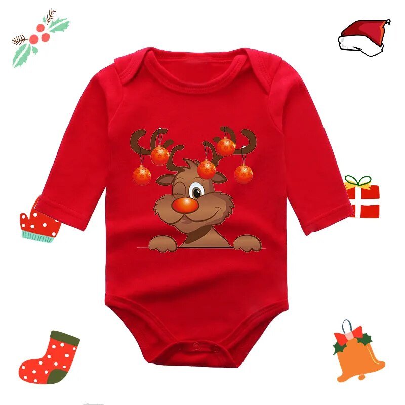 Red baby onesie with reindeer design 