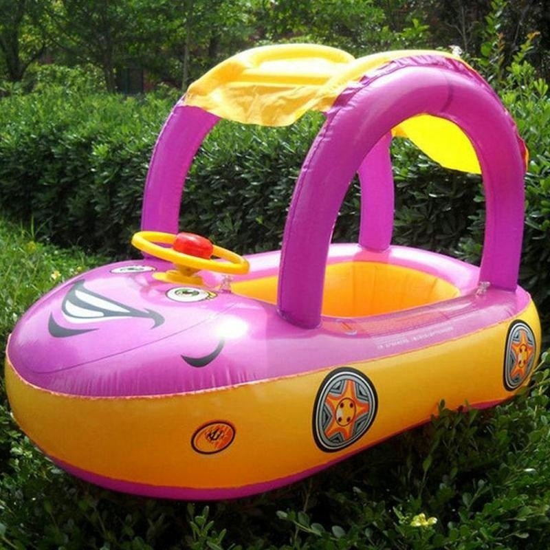 Baby float seat with canopy in purple and yellow for pool time, beach trips, and gentle water introduction.