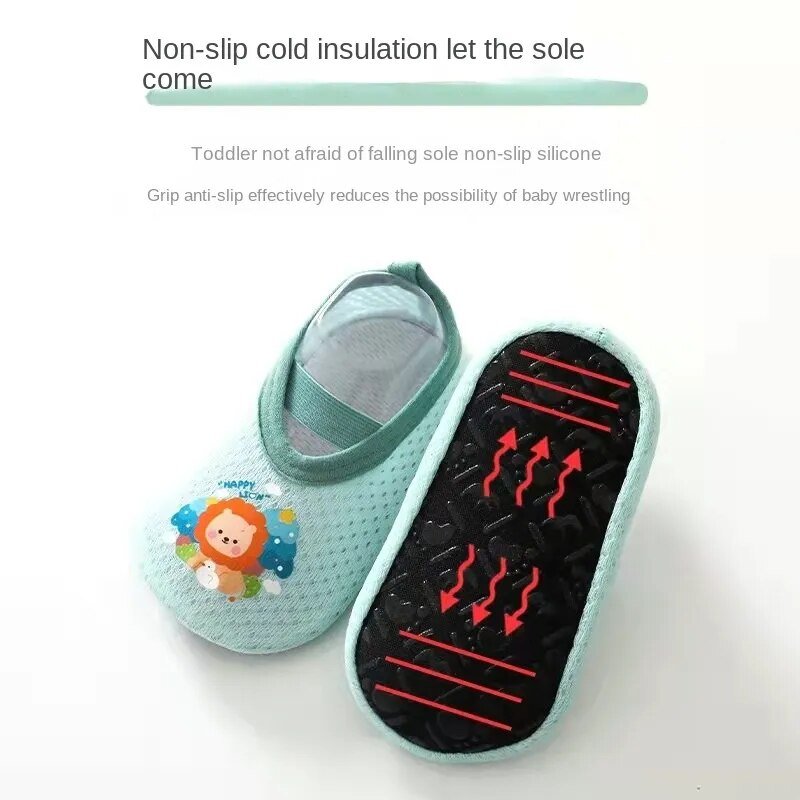 Cute Baby Floor Sock Shoes soft sole anti-skid design shown on foot for nursery and living room floor play.