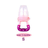 Pink and purple baby pacifier with 'over 3 months' and size 'S' text 