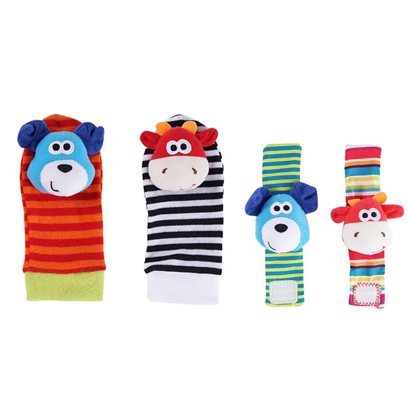 Baby foot finder socks and rattles with animal faces form an early learning set for hand-eye coordination practice.