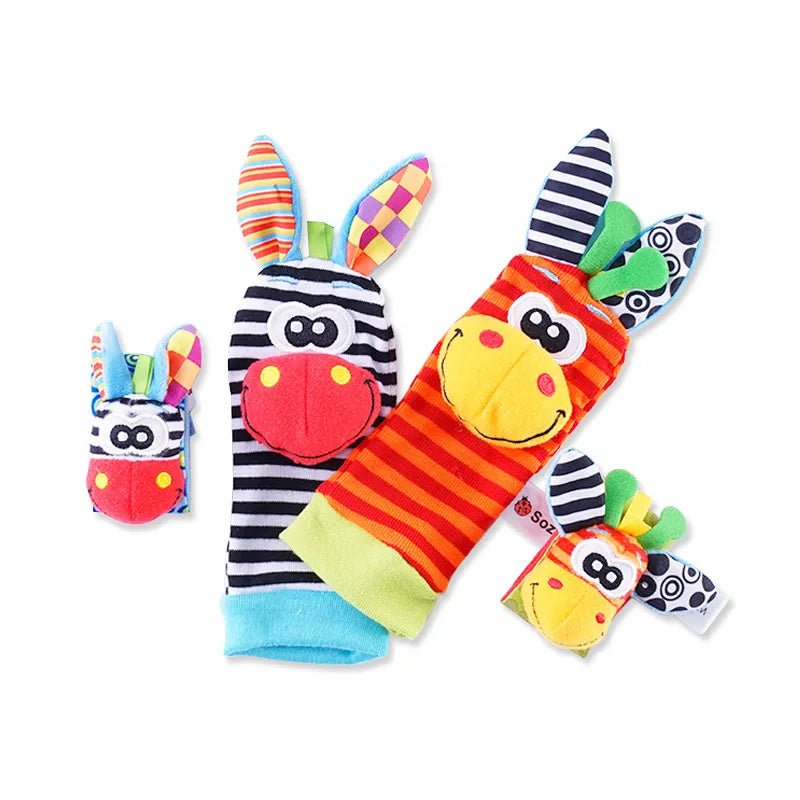 Baby foot finder socks and wrist rattles with animal faces as a 4-piece set for encouraging reaching and grasping.
