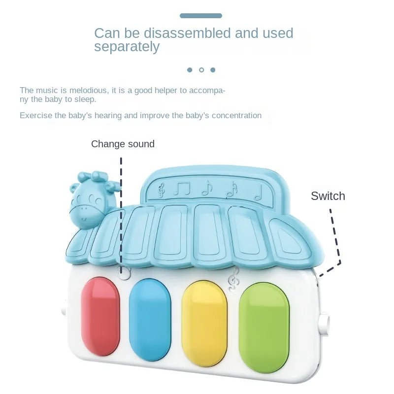 Baby foot piano play gym labeled parts diagram showing features for musical crawling play.