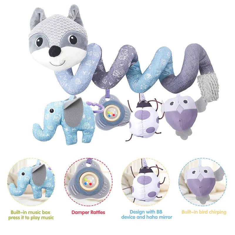 Baby fox spiral car seat toy with plush animal features and built-in music for play.