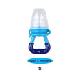 Blue and clear baby bottle with text indicating age suitability.