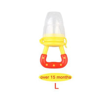 Yellow and red baby teether with 'over 15 months' text on a white background