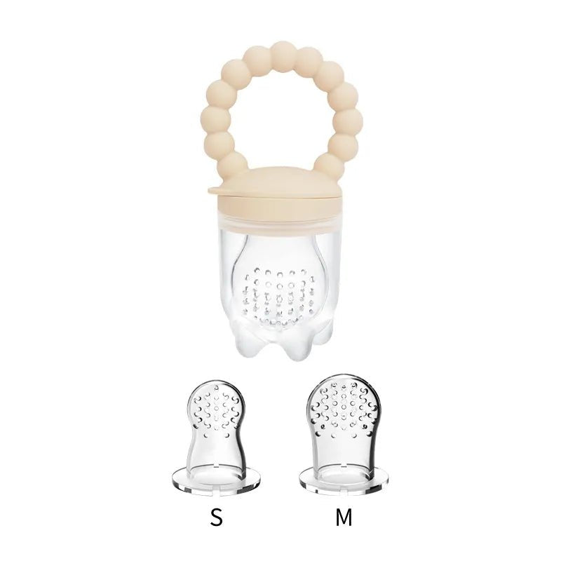 Beige Baby Fruit Feeder Pacifier with silicone discs, a gentle teether for chilled fruit and gum soothing.