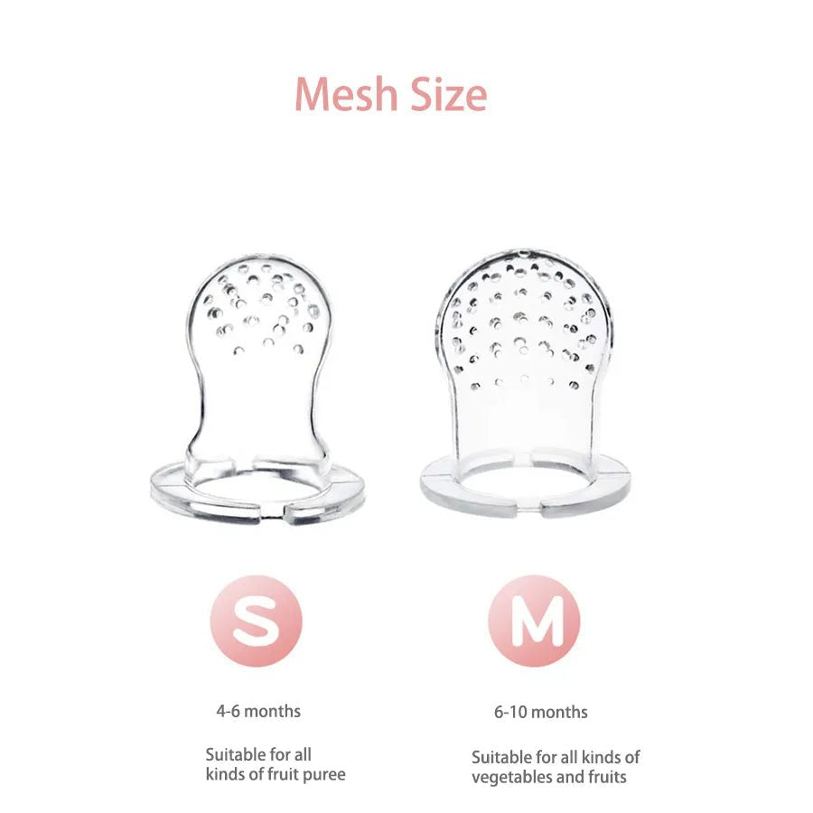 Baby Fruit Feeder Pacifier mesh bags in small and medium so parents can match the feeder to their baby stage.