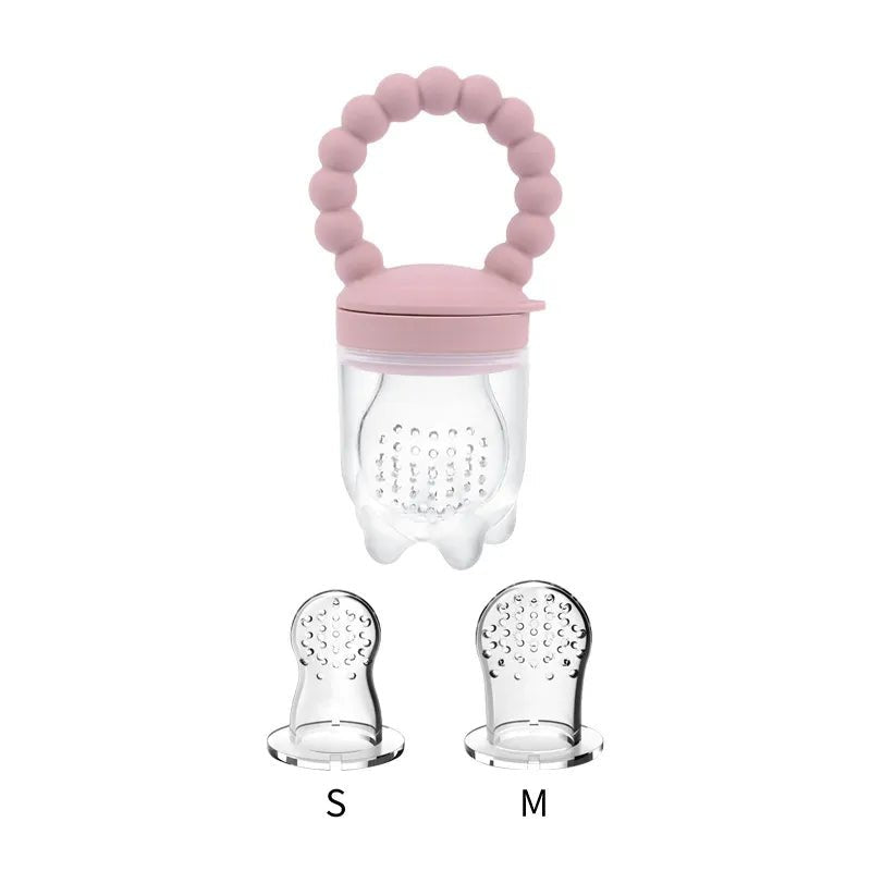 Front view of the pink Baby Fruit Feeder Pacifier nibbler, a tidy way to offer fruit without choking worries.