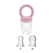 Pink Baby Fruit Feeder Pacifier silicone teether in two sizes for safe self-feeding practice at mealtimes.