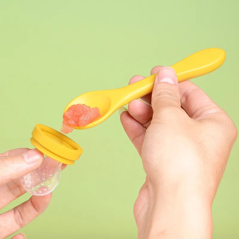 Baby Fruit Feeder Pacifier filled with fresh fruit, letting babies self-feed soft food safely at mealtimes.