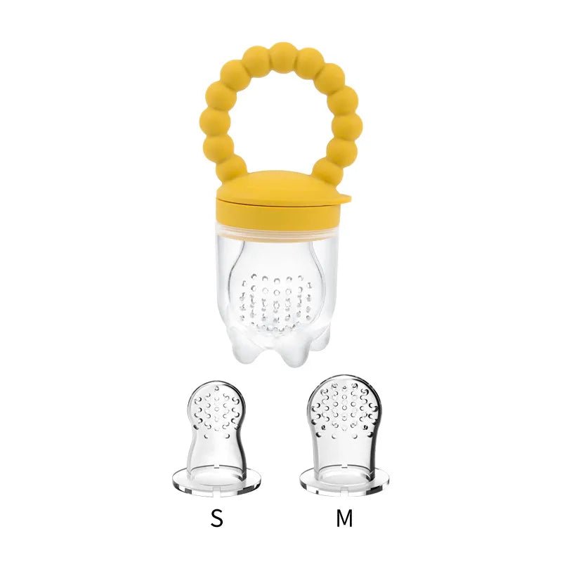 Yellow Baby Fruit Feeder Pacifier shown in two sizes for babies moving from first purees to soft finger foods.