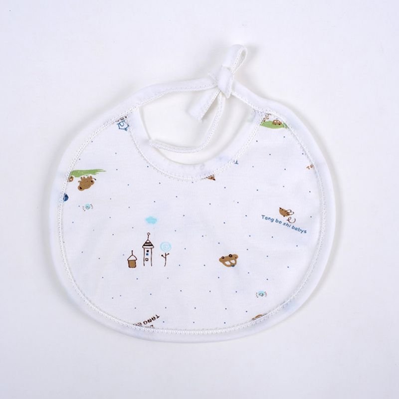 Cartoon print baby bib included in the 5PCS newborn clothing gift set, a handy feeding accessory for mealtimes and dribbling.