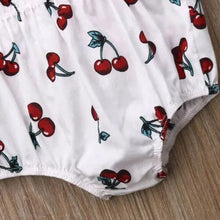 Baby Girl cherry pattern cotton fabric shown close-up for breathable, soft-touch summer clothing comfort.