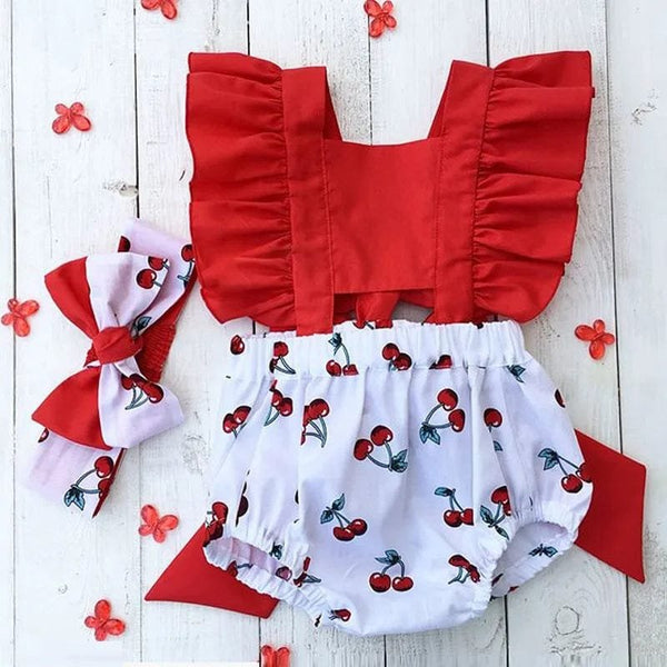 Baby Girl Cherry Romper Set with ruffle backless top and headband for summer outings, beach days, and casual wear.
