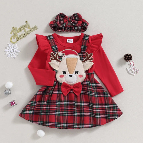 Baby girl Christmas knit red romper with plaid skirt and headband set for festive family photos and holiday dressing.