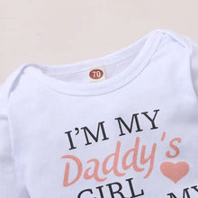 Baby Girl white cotton bodysuit with I'm my daddy's girl slogan print for everyday wear and newborn gift sets.