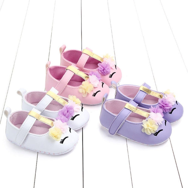 Baby Girl Floral First Walker Shoes shown as a set of four with unicorn accents for everyday toddler wear and gifting.