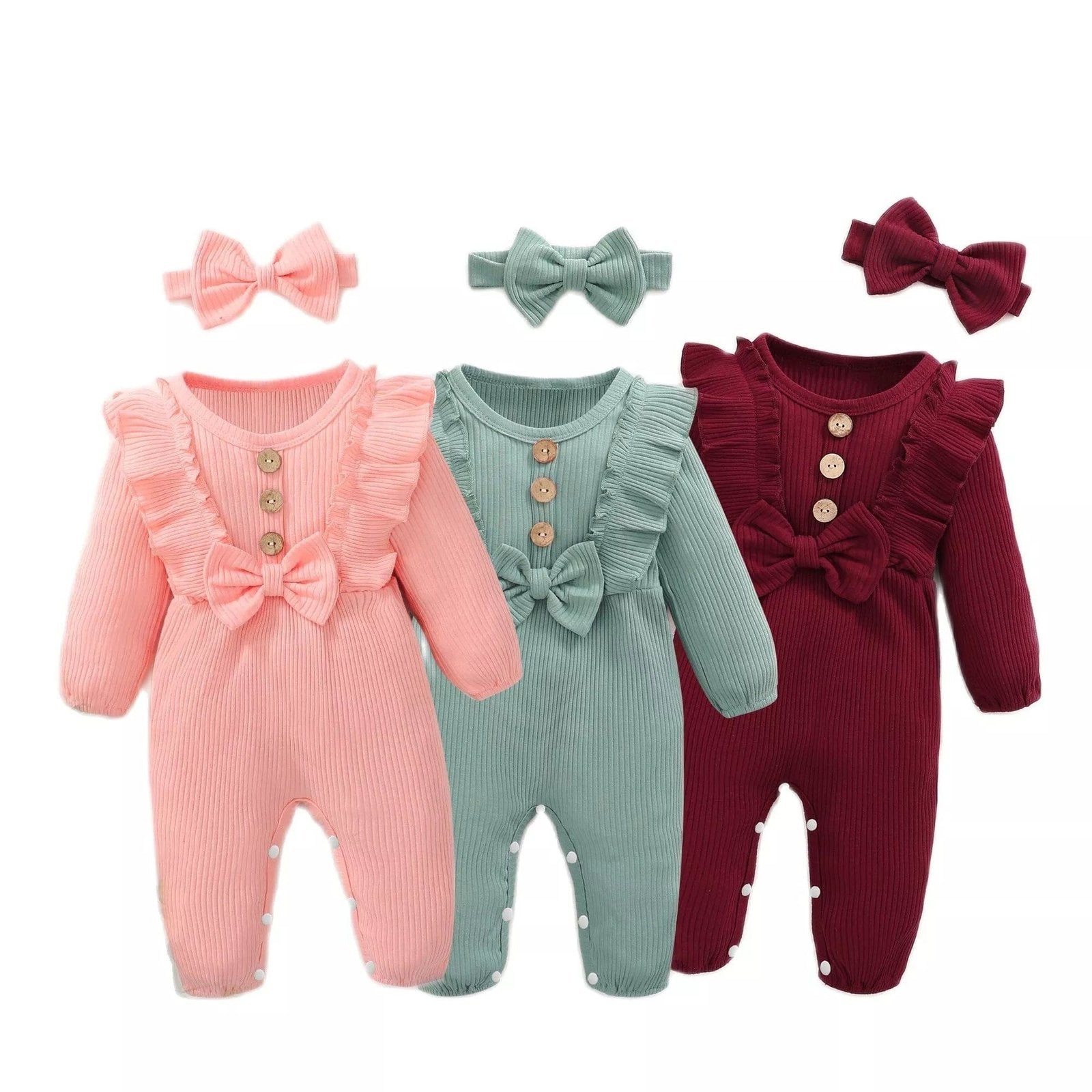 Baby girl long-sleeve romper and headband sets in pink, green and red for newborn daily wear and gifting.