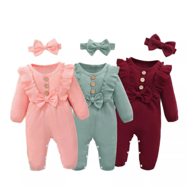 Baby girl long-sleeve romper and headband sets in pink, green and red for newborn daily wear and gifting.