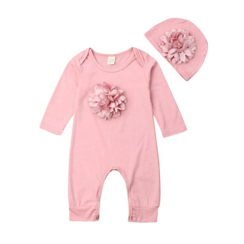 Pink floral baby girl romper with matching hat, a cotton set sized 0-18M for nursery days and family visits.