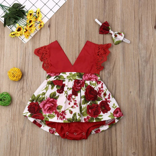 Baby girl red floral lace princess romper and headband set for summer outings and warm-weather dressing.