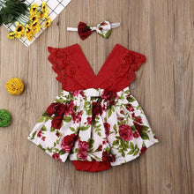 Red floral lace baby romper and headband two-piece set for summer daily wear and outings.