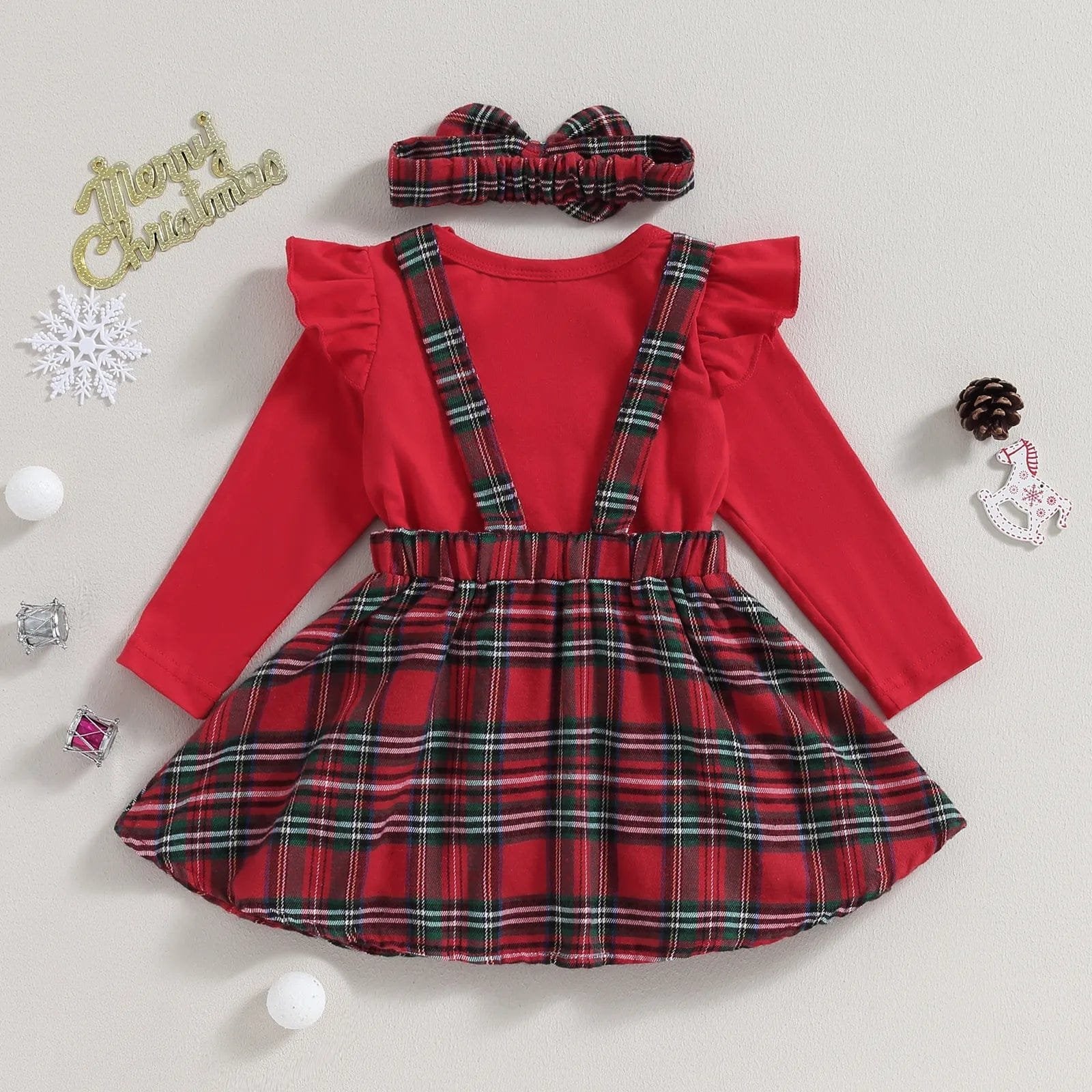 Red long-sleeve knit top with plaid skirt and matching headband styled for Christmas mornings and festive outings.