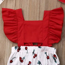 Baby Girl red ruffle top with cherry print shorts two-piece set for summer play, holidays, and daily toddler wear.