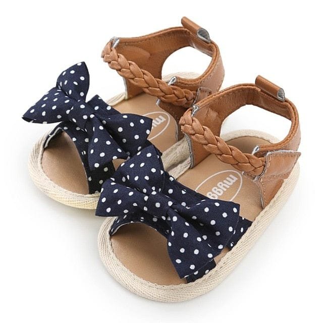 Soft Sole PU Baby Girls Canvas Bow First Walkers Shoes navy dot front view for first walking practice and comfortable daily wear.