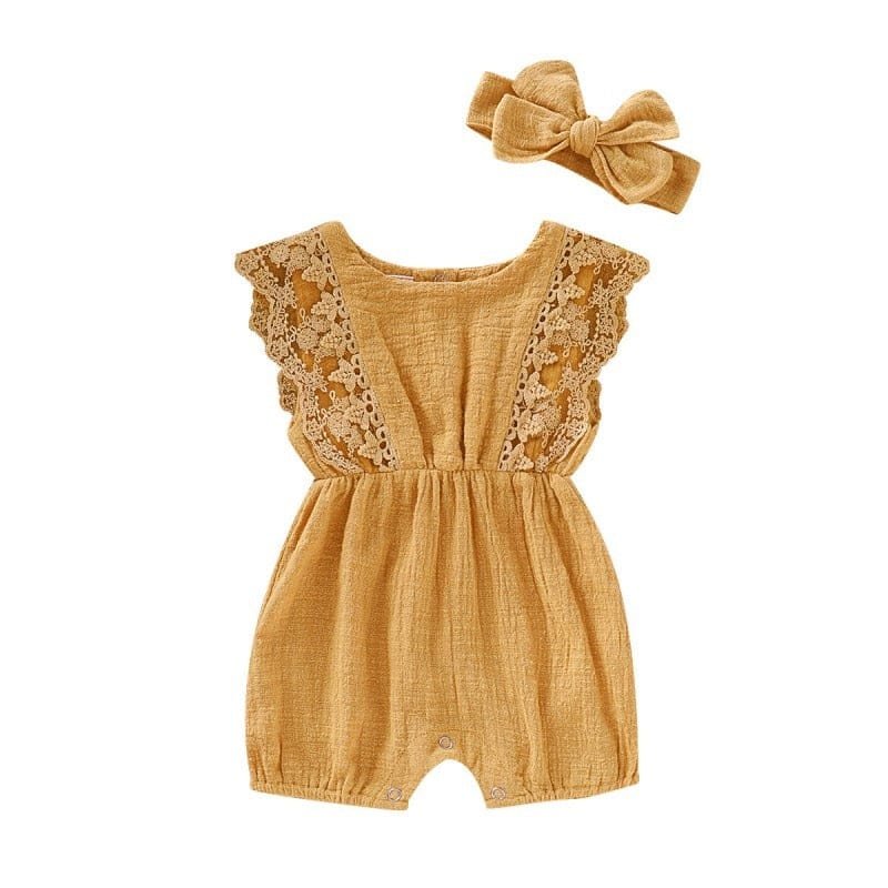 Baby Girl Yellow Lace Romper and Headband Set for newborn daily wear, outings, and warm-weather dressing.