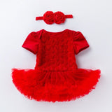 Red lace baby romper with a matching headband 