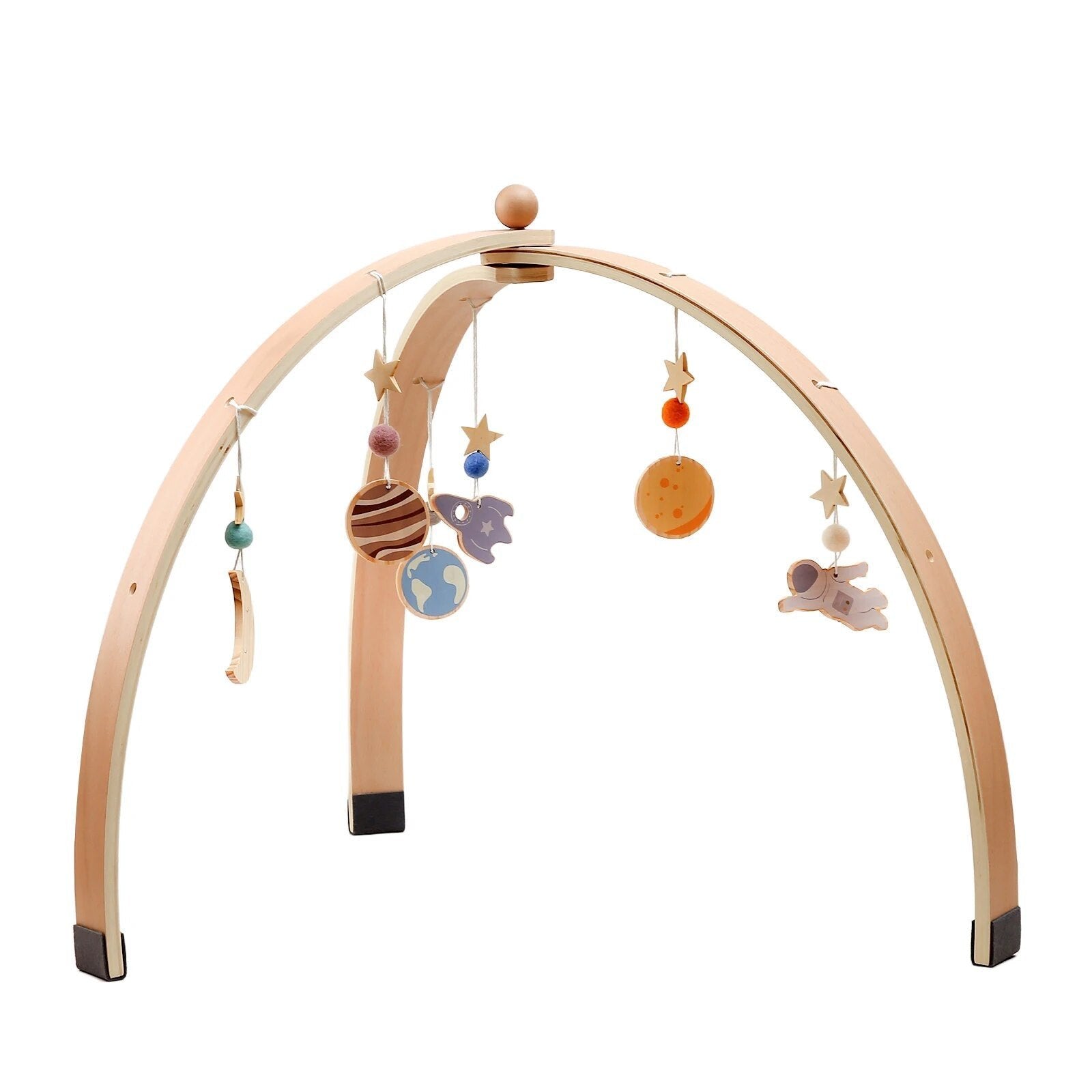 Star and planet hanging toy detail on the wooden baby gym frame for engaging newborn tummy time play.