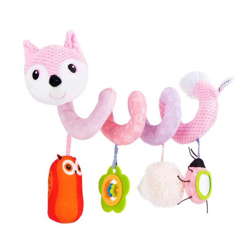 Pink fox-shaped baby rattle with hanging toys.