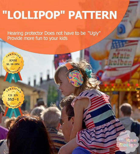 Child with colorful headband at a fairground with promotional text about hearing protectors.