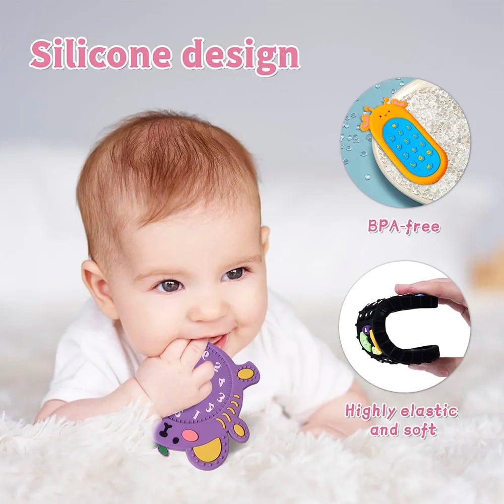 Baby holding a remote control shape teether toy for safe chewing, gum relief, and hand grip practice.